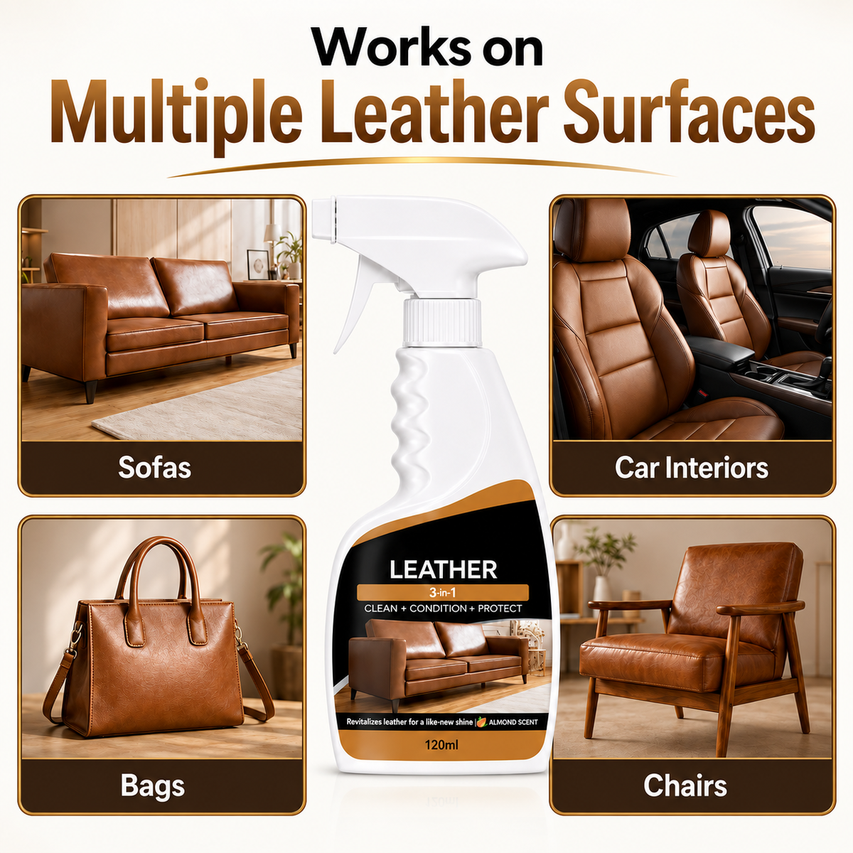 3-in-1 Leather Cleaner & Conditioner Spray – Cleans, Conditions & Protects, 120ml